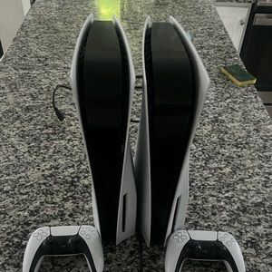 2 PLAYSTATION 5s. 3 controllers ,LIKE NEW!!!!              Games downloaded on!!